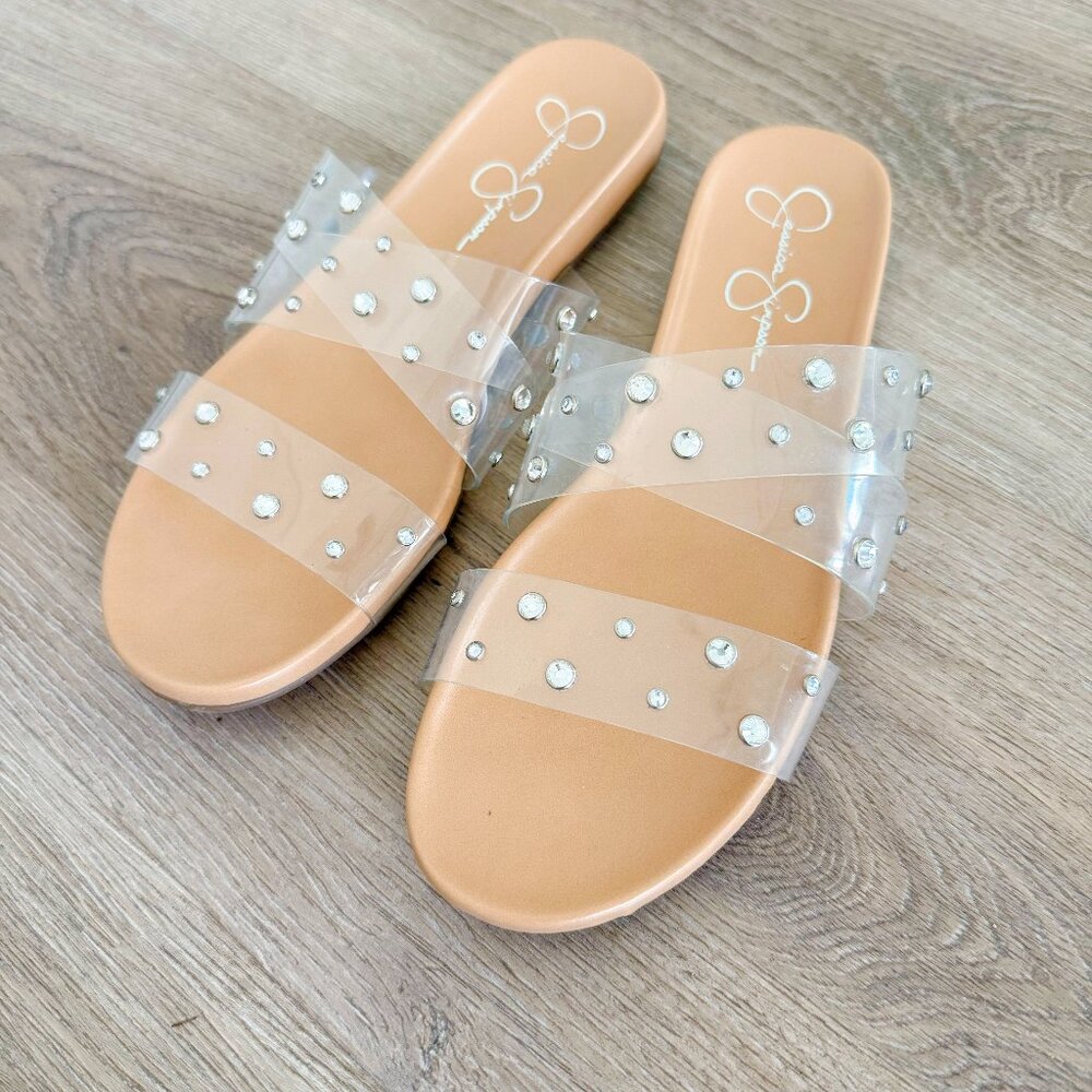 Jessica Simpson Clear Rhinestone Slide Sandals | Size 8.5 | Excellent Condition